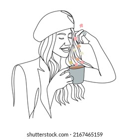 Abstract woman with a cup of fragrant tea. One line vector drawing. Portrait minimalistic style. Botanical print. Nature cosmetics symbol. Modern continuous line art. Fashion print.