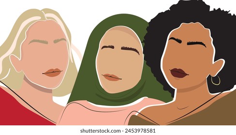 Abstract woman depicts different nationalities and cultures. fight for female power through the concept of sisterhood of egalitarian feminism. vector illustration.