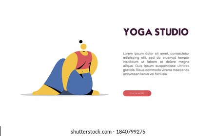 Abstract Woman doing yoga on floor. Healthy lifestyle, training and sports. Flat vector banner illustration.