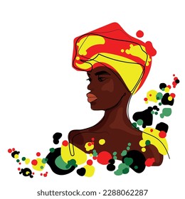 Abstract woman dressed in traditional turban with abstract shapes in yellow red black and green colors isolated on white vector illustration.Juneteenth Freedom day