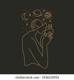 Abstract Woman Drinks Tea and Space, Occulture Line Illustration, Hand Drawn Clip Art, Vector Illustration.