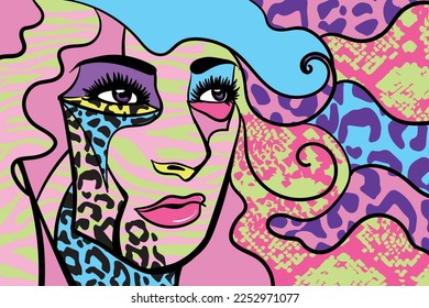 Abstract woman face with an animal print. Vector art illustration.