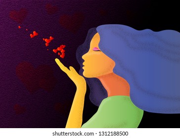 abstract woman face blows off hearts from hands