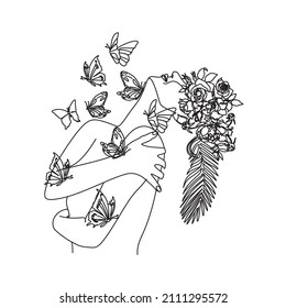 Abstract woman face with butterfly and flowers. Line art female hands with butterflies. One line vector drawing. Portrait minimalistic style. Botanical print. Nature symbol of cosmetics.