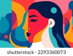 Abstract woman face collage in modern vector art design. Feminine abstraction poster in colorful pallette. Creative geometric female pattern in cubism style.