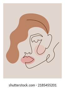 Abstract woman face, continuous line, linear art vector illustration template. Ready to print. Pastel and beige colors.