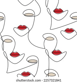 Abstract woman face continuous line drawing vector seamless pattern. Trendy female portrait. Fashion illustration. Wallpaper, background, fabric, print, wrapping paper, card, banner, poster.