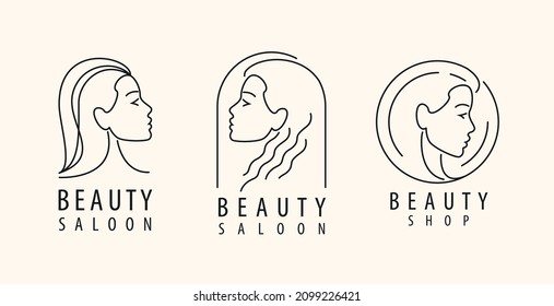 Abstract woman face emblem outline. Beauty saloon logo vector illustration