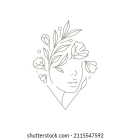 Abstract Woman Face With Floral Botanic On Head At Triangle Frame Beauty Salon Logo Vector Illustration. Female Portrait Flower Hairstyle Simple Emblem Icon For Cosmetic Spa Wellness Studio Isolated