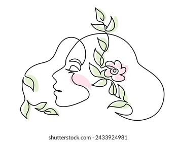 Abstract woman face with flower and leaves. Continuous one line drawing. Portrait minimalistic style. Botanical print. Nature symbol of cosmetics. Vector illustration