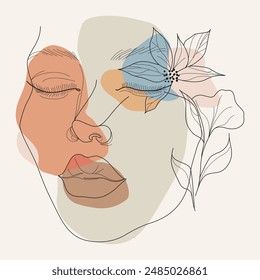 Cara de mujer Abstractas con flores, hojas y manchas de colores. Línea de arte. Elegante logotipo de belleza. Cara femenina de contorno en estilo minimalista con Elementos de decoración botánica