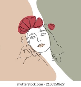 Abstract woman face with  flowers by one line drawing. Portrait minimalistic style. Botanical print. Nature symbol of cosmetics. Modern continuous line art. Fashion print. Beaty salon art.