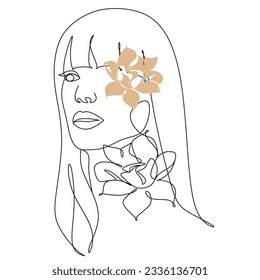Abstract woman face with flowers  by one line drawing. Line Drawing Vector.
