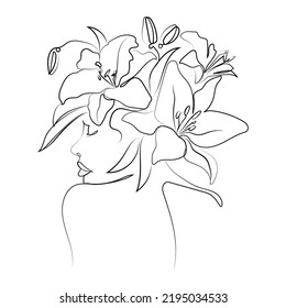 Abstract woman face with flowers Lilies on head, Minimal art vector drawing. Flowers in head Girl line drawing.Minimal style botanical print. cosmetics nature symbol. Modern line art Fashionable