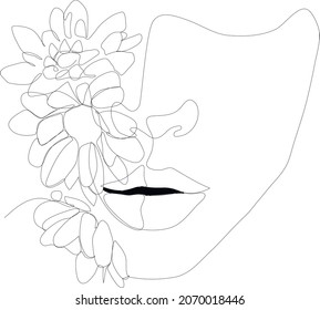 Abstract woman face with flowers in one line vector illustration. For logo, packaging cosmetics, beauty Studio, tattoo, Spa salon, manicure, jewelry.