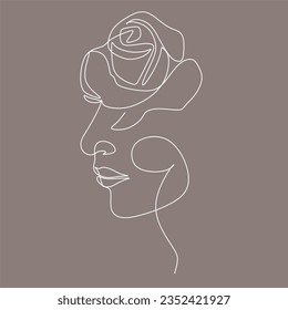 Abstract woman face with  flowers one line drawing.Vector Art Drawing.  