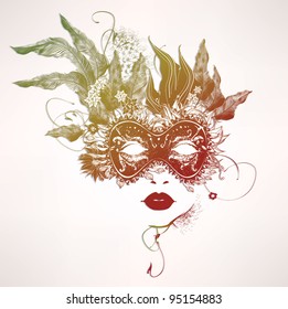 Abstract woman face with flowers. Vector multicolor illustration