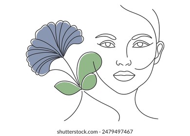 abstract woman face, ginkgo biloba leaf, flower. Modern single line art, female portrait, aesthetic contour. Great for poster, doodle continuous line art vector illustration