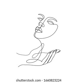 abstract woman face with hand one line drawing. Portrait minimalistic style continuous line art