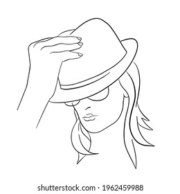 Abstract Woman face with hat. Continuous line drawing. vector line art.