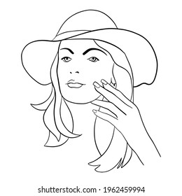 Abstract Woman face with hat. Continuous line drawing. vector line art.