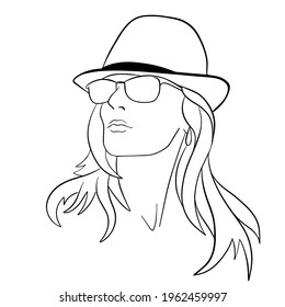 Abstract Woman face with hat. Continuous line drawing. vector line art.