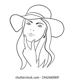 Abstract Woman face with hat. Continuous line drawing. vector line art.