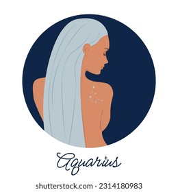 Abstract woman face illustration with aquarius zodiac sign slogan - Circle girl portrait print with horoscope for tee t shirt and sticker - Vector