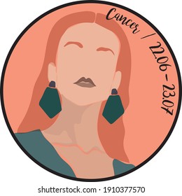 Abstract woman face illustration with cancer zodiac sign slogan - Circle girl portrait print with horoscope for tee t shirt and sticker - Vector