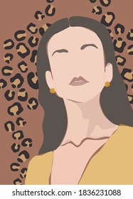 Abstract woman Face Illustration and Leopard Print Background Vector    Girl Portrait Animal Pattern for Graphic Tee