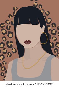 Abstract woman Face Illustration and Leopard Print Background Vector    Girl Portrait Animal Pattern for Graphic Tee