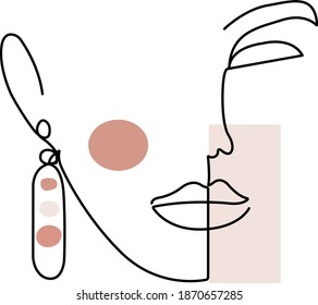Abstract woman face illustration with minimalist pastel decor. One line drawing.
