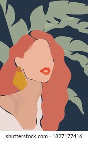 Abstract Woman Face Illustration Print with Tropical Leaf Background - Hand Drawn Girl Portrait Vector Pattern  
