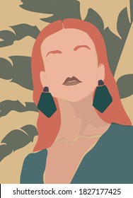 Abstract Woman Face Illustration Print with Tropical Leaf Background - Hand Drawn Girl Portrait Vector Pattern  