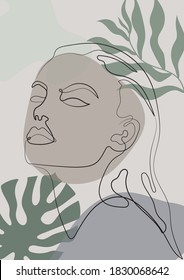 Abstract Woman Face Illustration Print with Tropical Leaf Background - Line Art Girl Portrait Artwork - Pastel colors hand drawn vector pattern - Canvas poster