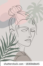 Abstract Woman Face Illustration Print with Tropical Leaf Background - Line Art Girl Portrait Artwork - Pastel colors hand drawn vector pattern - Canvas poster