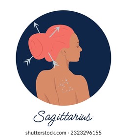 Abstract woman face illustration with sagittarius zodiac sign slogan - Circle girl portrait print with horoscope for tee t shirt and sticker - Vector