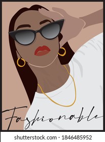 Abstract woman face illustration with sunglasses white t shirt and gold necklace - Graphic Fashionable slogan print for girl tee and poster