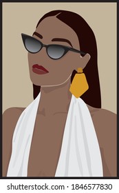 Abstract woman face illustration with sunglasses white dress and gold earrings - Graphic vector print for girl tee / t shirt and poster