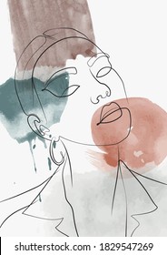Abstract woman face illustration with watercolor brush background - Hand drawn girl portrait vector print - Line Art artwork poster pattern