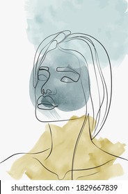 Abstract woman face illustration with watercolor background - Line Art girl portrait sketch - Hand drawn vector poster print