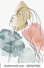 Abstract woman face illustration with watercolor background - Line Art girl portrait sketch - Hand drawn vector poster print