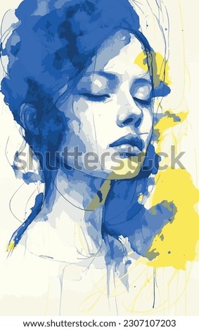 Abstract woman face illustration with watercolor background - Line Art girl portrait sketch - Hand drawn vector poster print