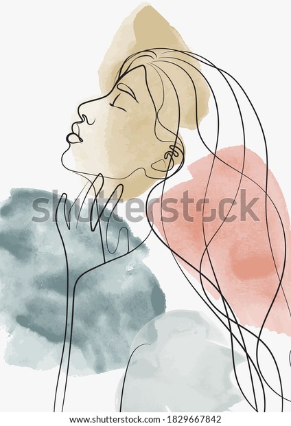 Abstract woman face illustration with watercolor background - Line Art