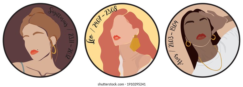 Abstract woman face illustration with zodiac sign slogan - Circle girl portrait print with horoscope for tee t shirt and sticker - Vector