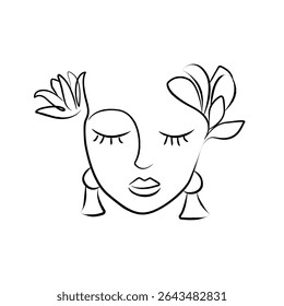 Abstract Woman Face Line Art Drawing. Floral Female Head Line Drawing for Wall Art, Fashion Prints, Posters. Art Sketch Print, Black And White Single Line Art, Feminine Poster. Vector. Not AI