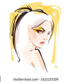 Abstract woman face makeup portrait in colorful watercolor painting style. Vector sketch.