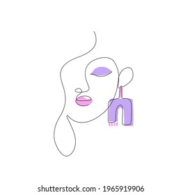 abstract woman face with makeup and Statement Earring linear drawing with pink-purple spots. vector female head, logo for a shop with hand-made ornaments in the style of scandi or boho