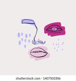 Abstract woman face, minimalism linear hand drawn, beauty fashion glamor concept. 
