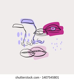 Abstract woman face, minimalism linear hand drawn, beauty fashion glamor concept. 